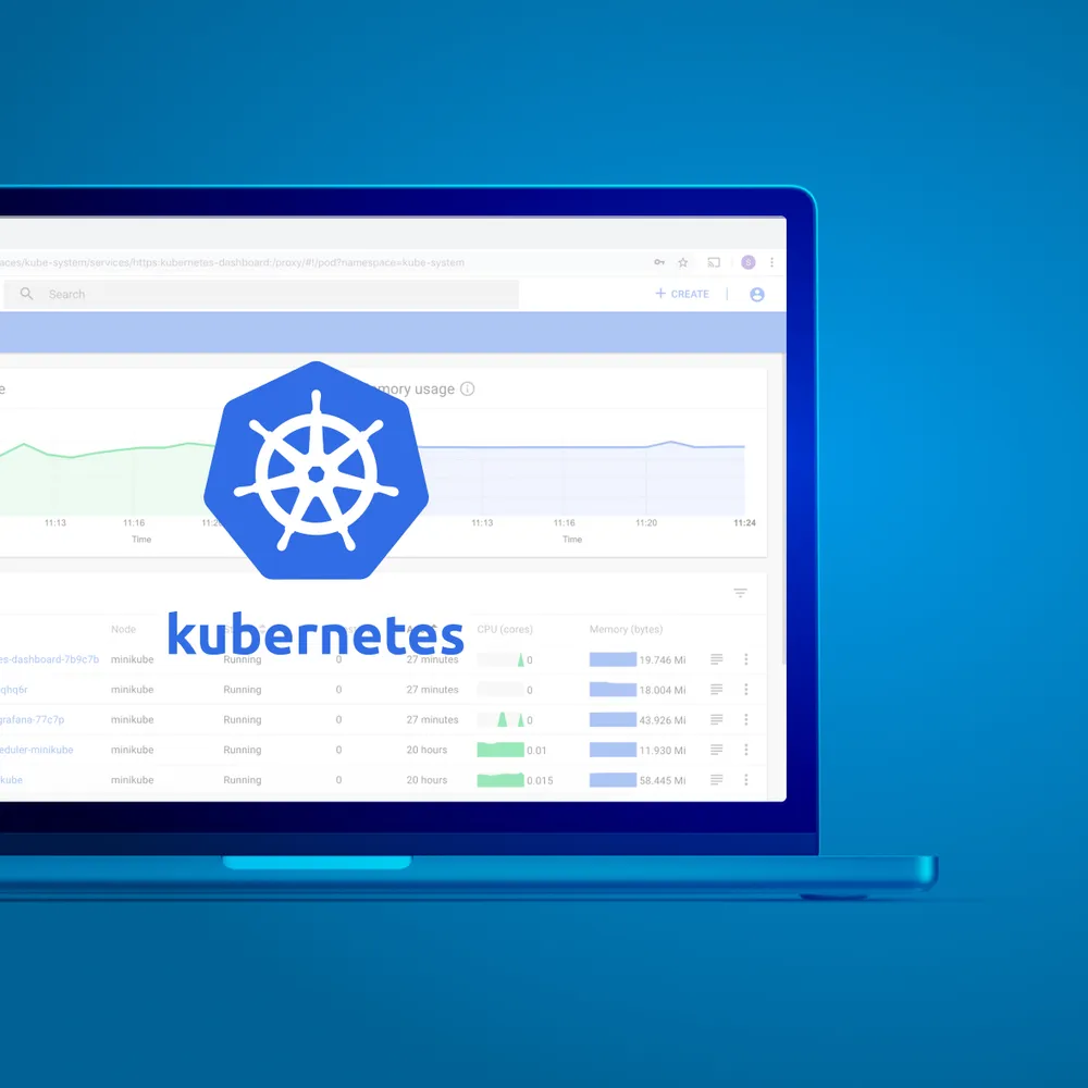 Laptop with the Kubernetes logo on a blue blackground