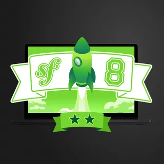 Symfony 8 with a rocket taking off and two stars on a green background