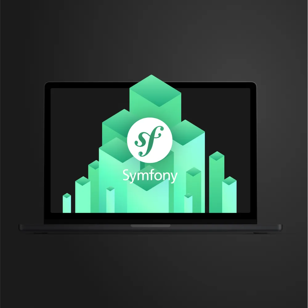 Light blue neon digital blocks with a white Symfony logo within a laptop on a dark background