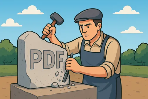 A man sculpting a rock with PDF written on it