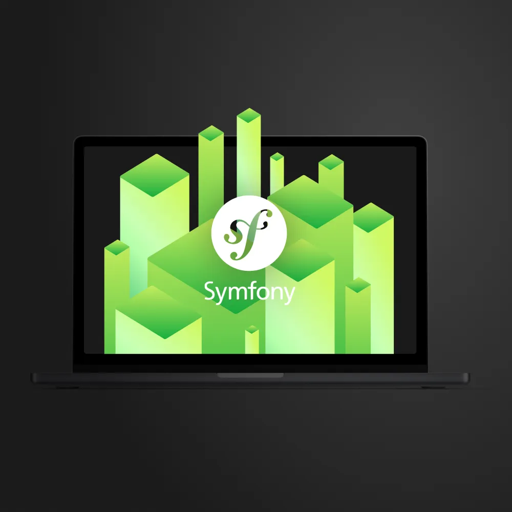 Green neon digital blocks with a white Symfony logo inside a laptop on a dark background