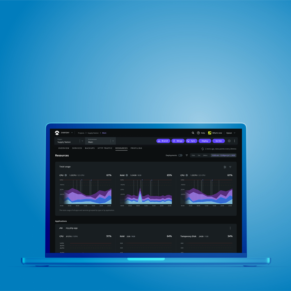 SymfonyCloud interface in a blue laptop with a blue background