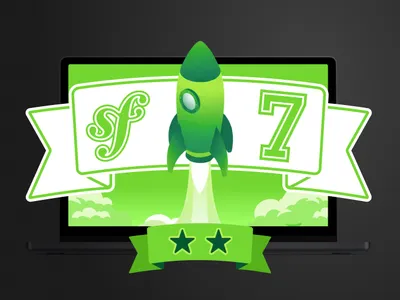 Symfony 7 with a rocket taking off and two stars on a green background