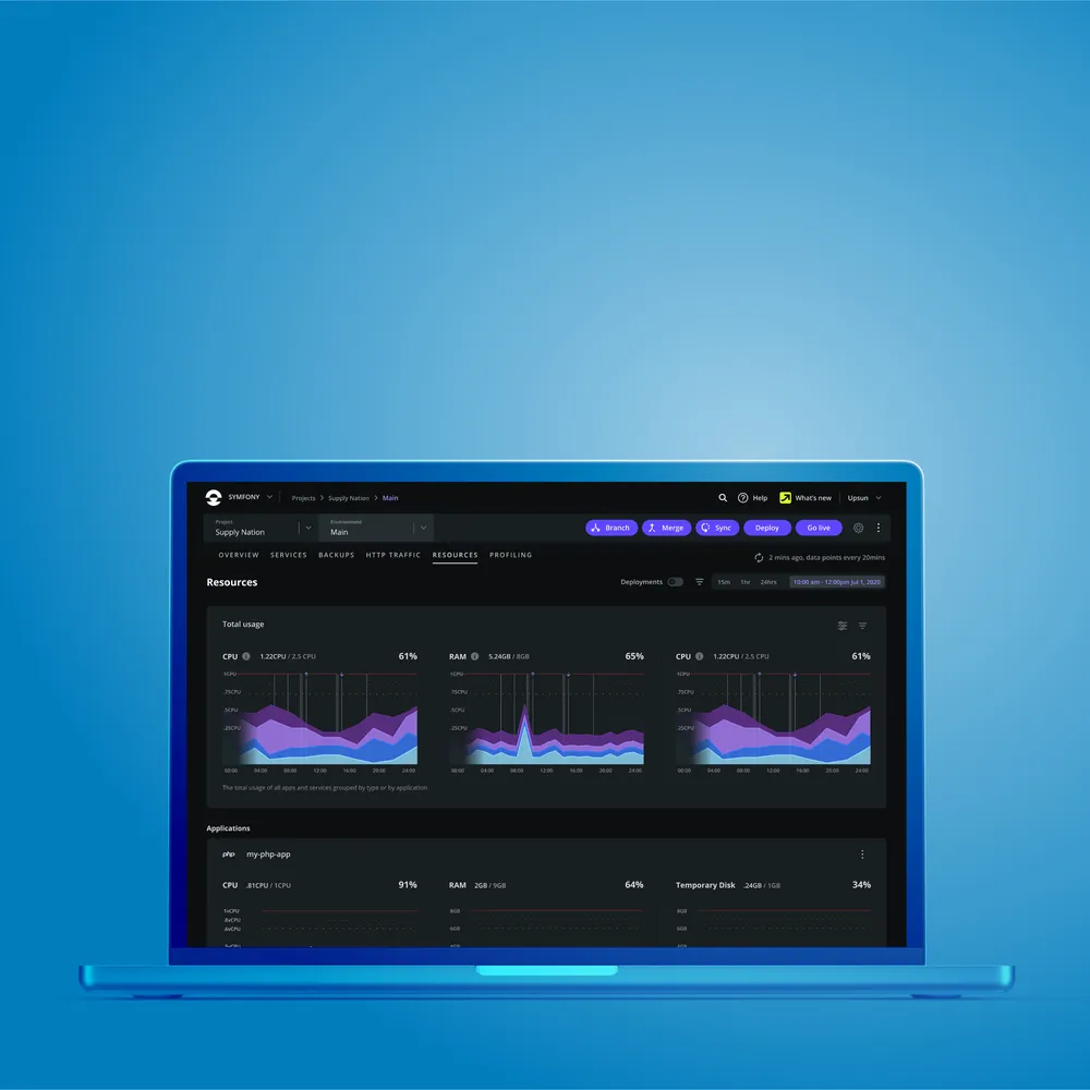SymfonyCloud interface in a blue laptop with a blue background