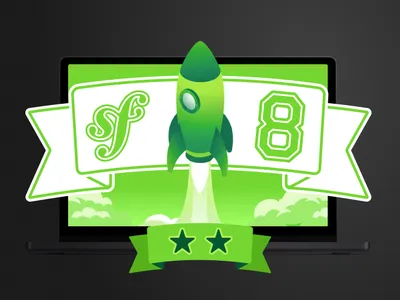 Symfony 8 with a rocket taking off and two stars on a green background