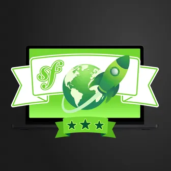 Symfony with a globe and a rocket on a green background with stars