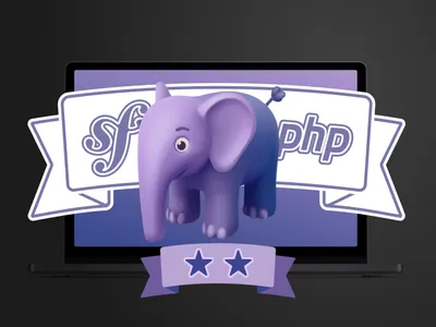 Symfony and PHP with an elephant and 2 stars on a purple background