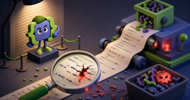 Abstract editorial illustration of PHP 8.6 JSON parsing with a highlighted error position and subtle purple accents