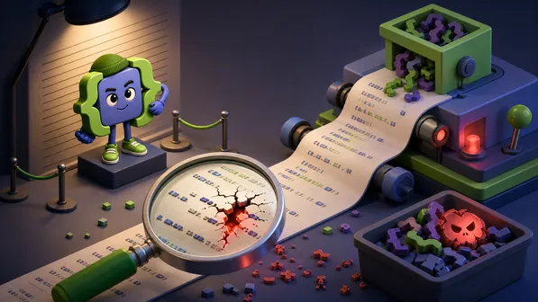 Abstract editorial illustration of PHP 8.6 JSON parsing with a highlighted error position and subtle purple accents