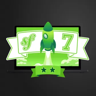 Symfony 7 with a rocket taking off and two stars on a green background