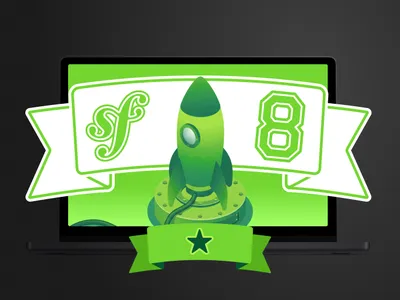 Symfony 8 with a rocket and a star on a green background