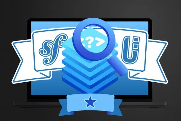 Symfony with a magnifying glass and files with a star on a blue background