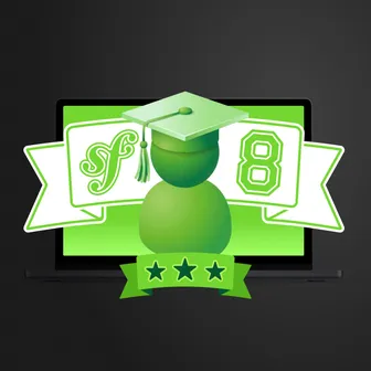Symfony 8 with a graduation cap and stars on a green screen
