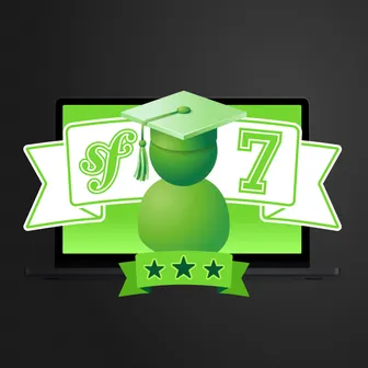 Symfony 7 with a graduation cap and 3 stars on a green background