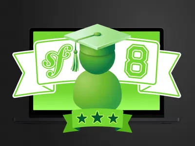Symfony 8 with a graduation cap and stars on a green screen