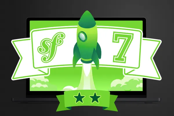 Symfony 7 with a rocket taking off and two stars on a green background