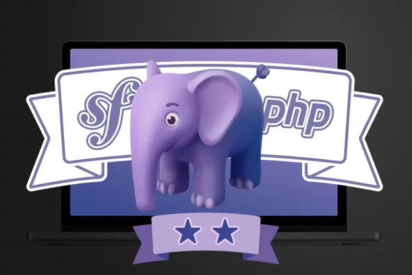 Symfony and PHP with an elephant and 2 stars on a purple background