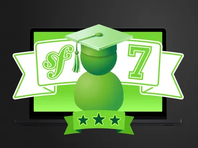 Symfony 7 with a graduation cap and 3 stars on a green background