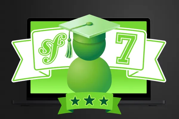 Symfony 7 with a graduation cap and 3 stars on a green background