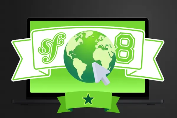 Symfony 8 with a globe and a mouse on a green background with a star