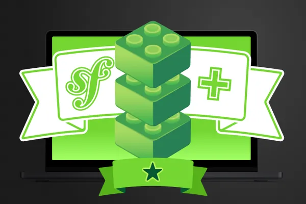 Symfony, a plus symbol, and Lego bricks on a green background with one star