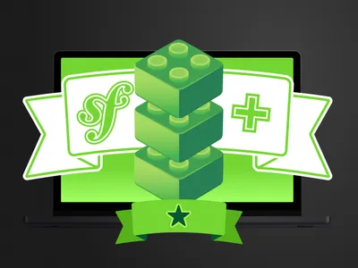 Symfony, a plus symbol, and Lego bricks on a green background with one star