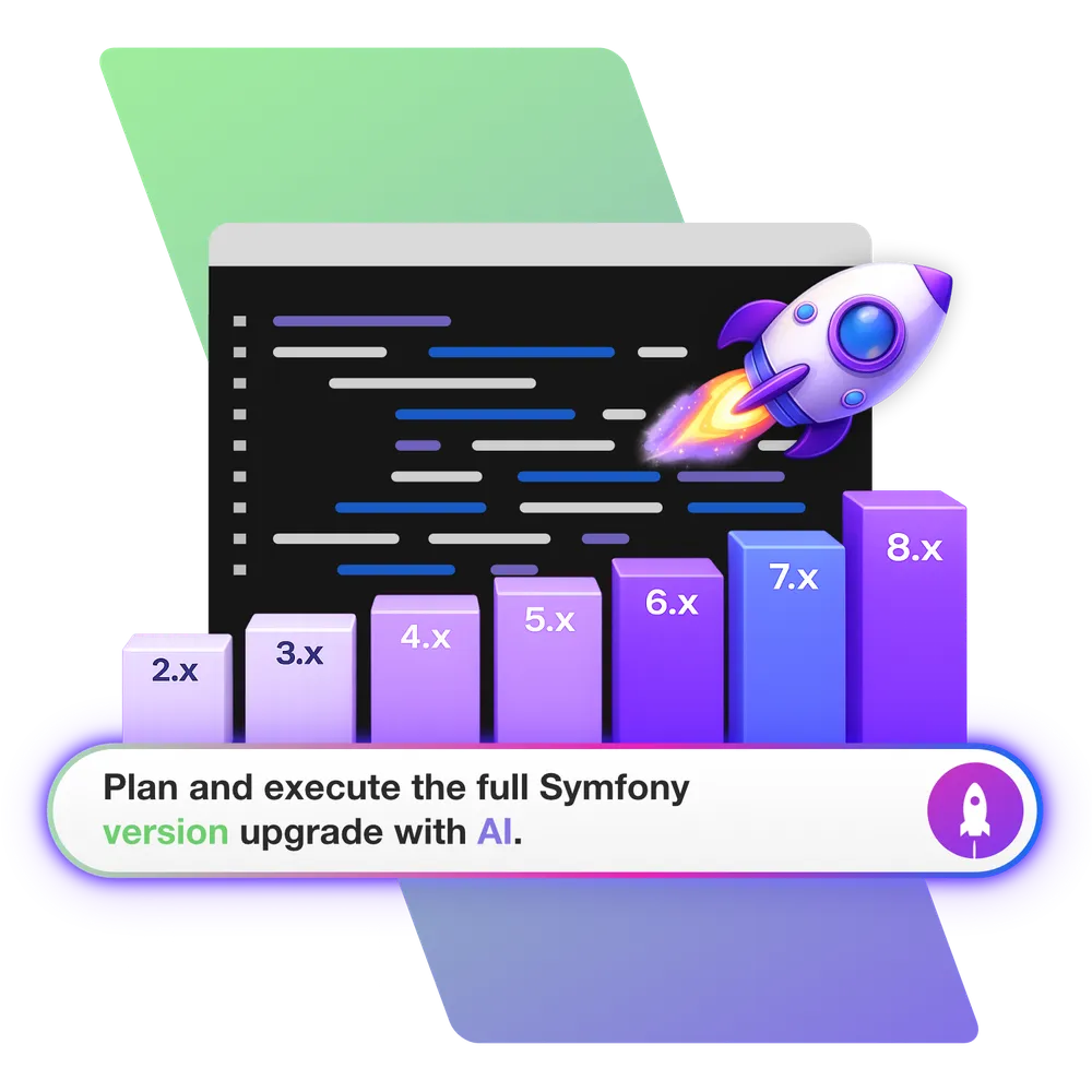 Symfony versions with a rocket and code lines with a prompt Plan and execute the full Symfony version upgrade with AI