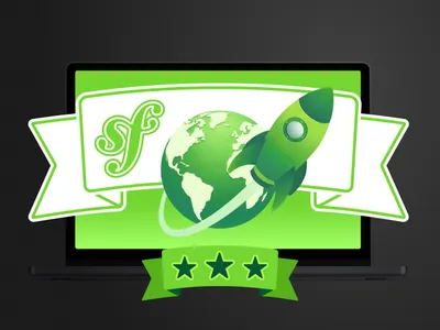 Symfony with a globe and a rocket on a green background with stars