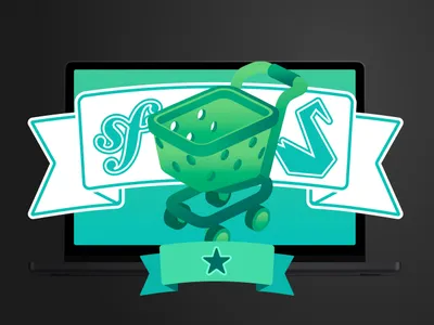 Symfony and Sylius logos with a shopping cart on a turquoise background with one star
