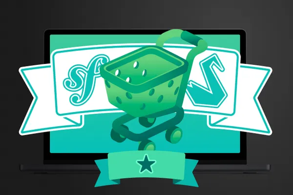 Symfony and Sylius logos with a shopping cart on a turquoise background with one star