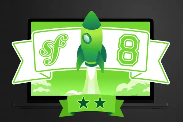 Symfony 8 with a rocket taking off and two stars on a green background