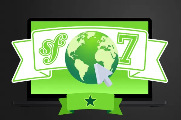 Symfony 7 with a globe and a mouse click on a green background with a star
