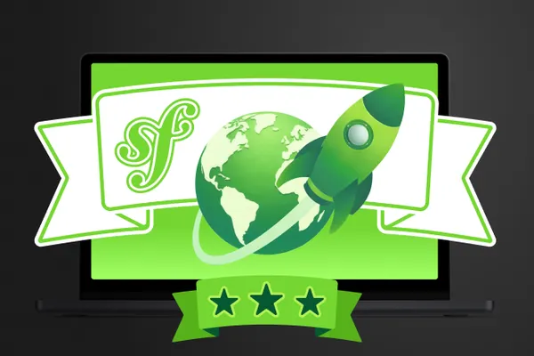 Symfony with a globe and a rocket on a green background with stars