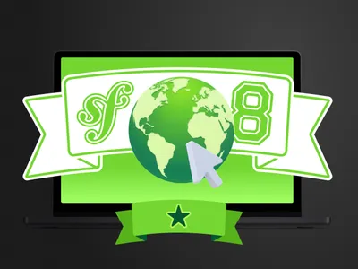 Symfony 8 with a globe and a mouse on a green background with a star