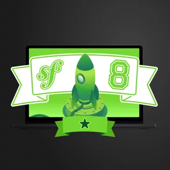 Symfony 8 with a rocket and a star on a green background