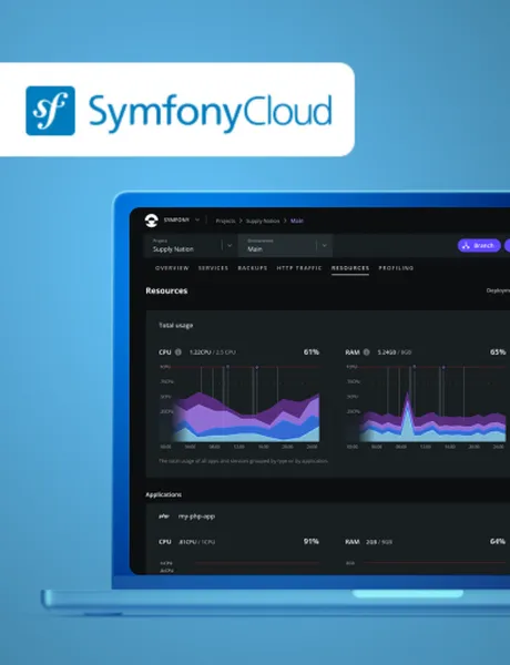 SymfonyCloud interface in a blue top on a blue blackground with the SymfonyCloud logo