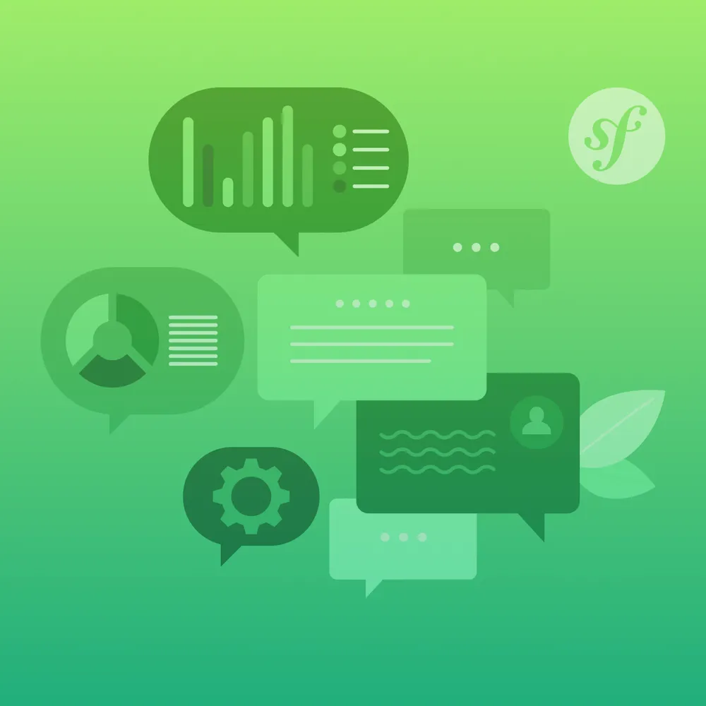 Speech bubble and the Symfony logo on a green gradient background