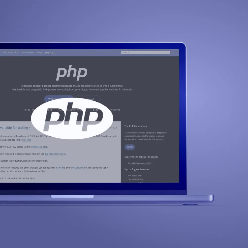 Laptop with a PHP logo on a blue background