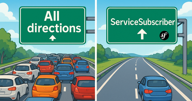 Two images: on the left many cars stuck in a traffic jam with the sign "All directions" above, on the right a blue car moving forward alone on the highway with the sign "Service Subscriber" and a Symfony logo above