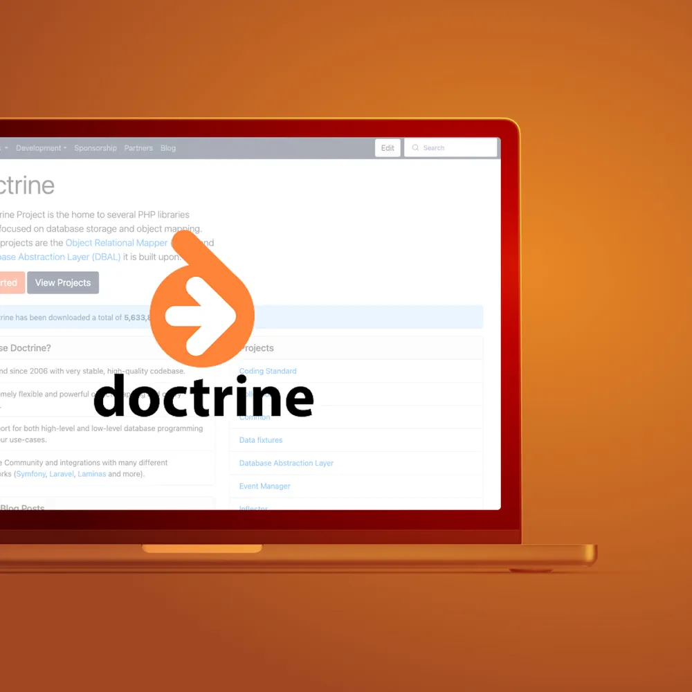 A laptop with the Doctrine logo on an orange background